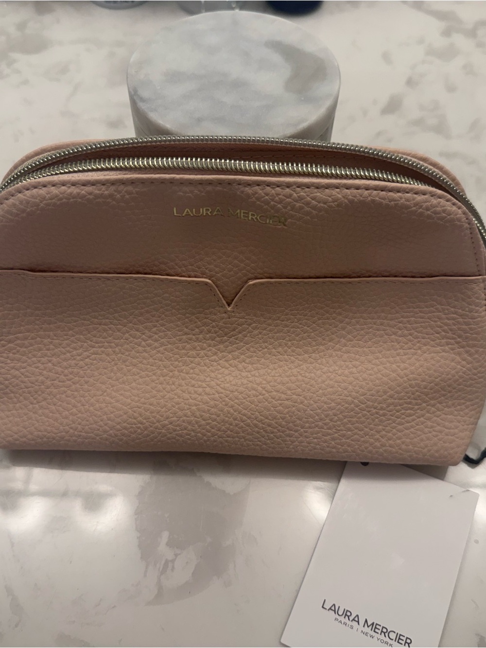 laura mercier Pale Blush Pink Leather Makeup Pouch with Gold Logo